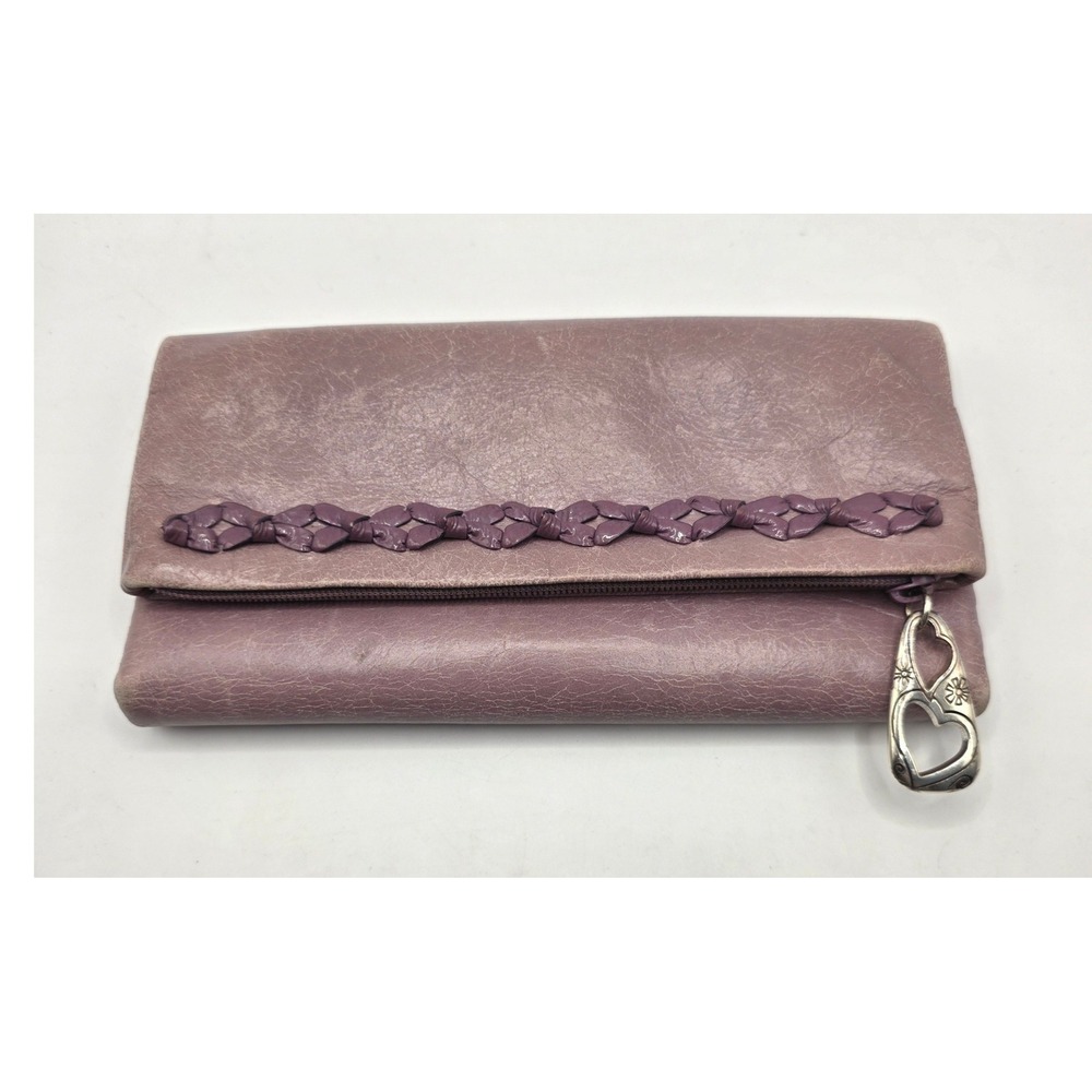Brighton Lavender Purple Soft Leather Trifold Wallet Braided Heart Zipper Pull